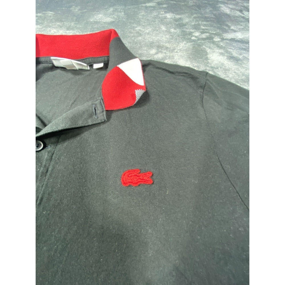 Lacoste Polo Shirt Mens S Black Red Contrast Collar Short Sleeve Logo Athletic - Picture 3 of 10